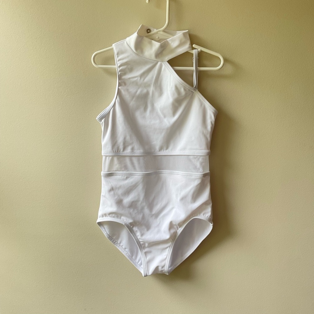 Balera Asymmetric Mock Neck White Leotard